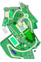 Giardini » Progetto di giardino con campo da tennis e laghetto